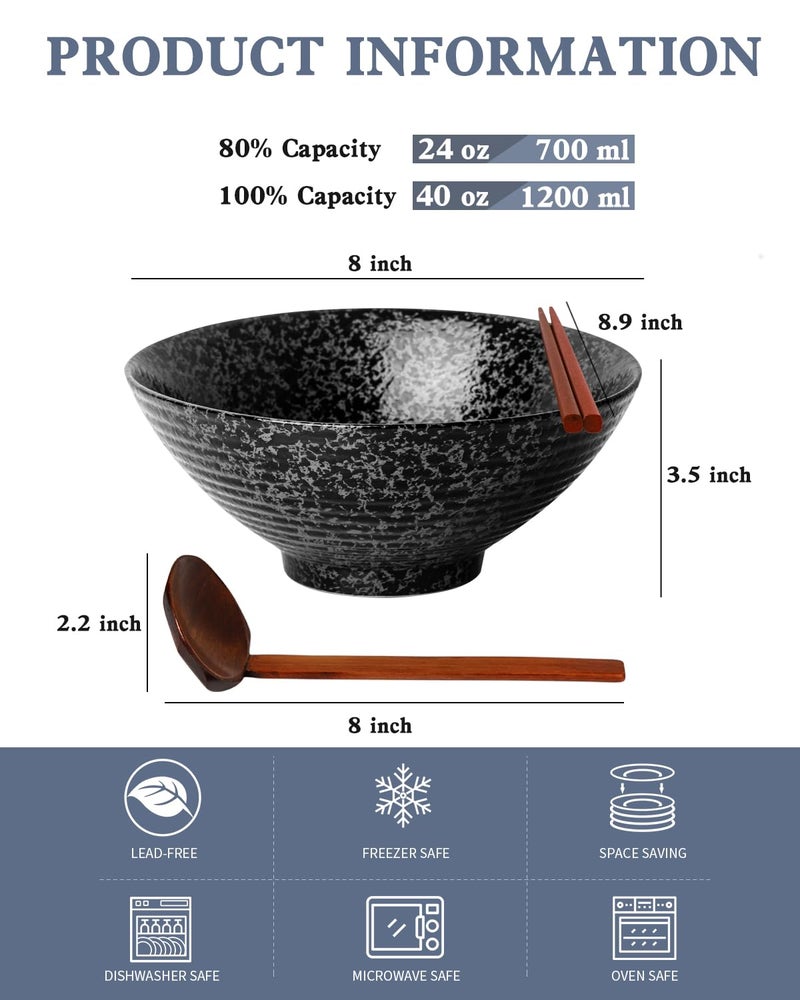 Kanwone Ceramic Japanese Ramen Bowl Set, Noodle Soup Bowls - 37 Ounce, with Matching Spoons and Chopsticks for Udon Soba Pho Asian Noodles, Set of 2, Black - Image 2